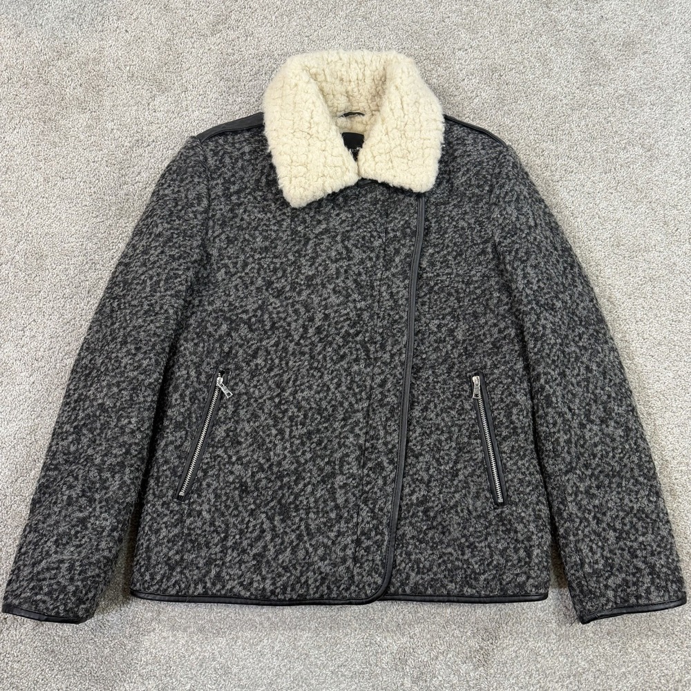 Forever‎ 21 Wool Blend Jacket L Gray Faux Shearling Collar Asymmetrical Zip Coat